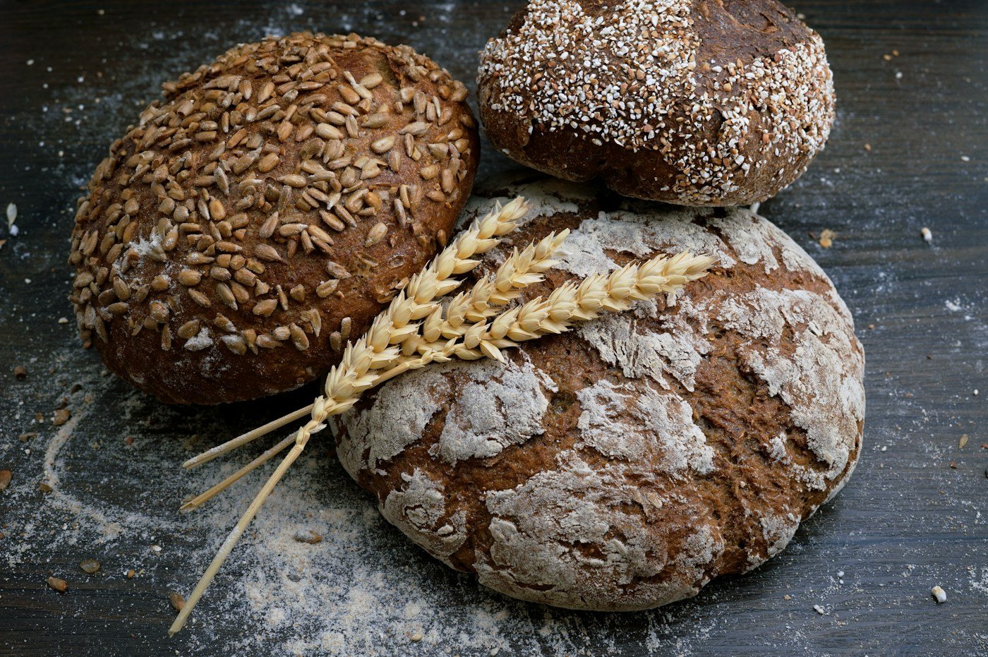 Rustic artisan bread on a bakery counter