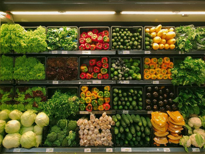 Colourful fresh vegetables at a grocery market